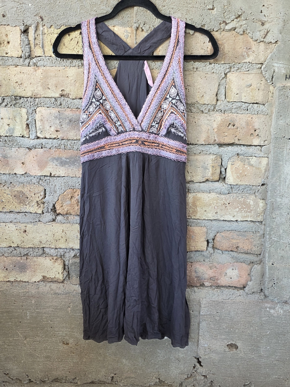 Odd Molly Charcoal Gray Embroidered V-Neck Sun Dress 100% Modal Size 1